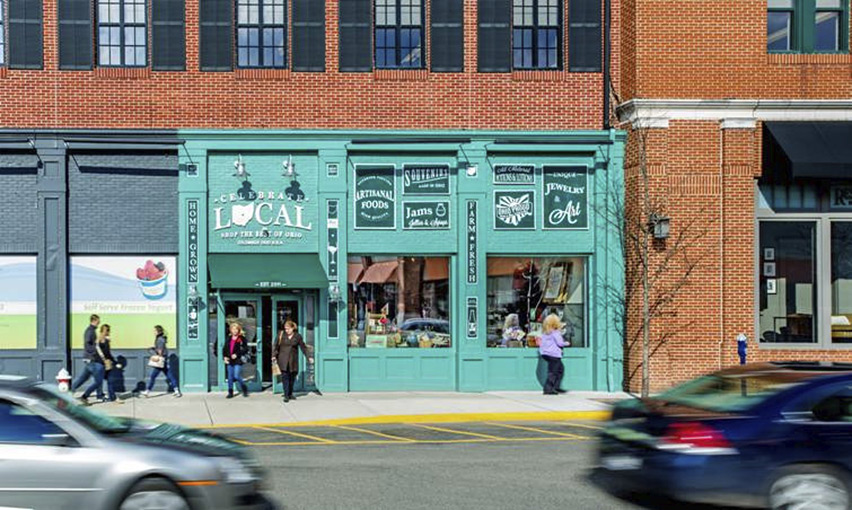Green storefront of Home Grown Apparel store