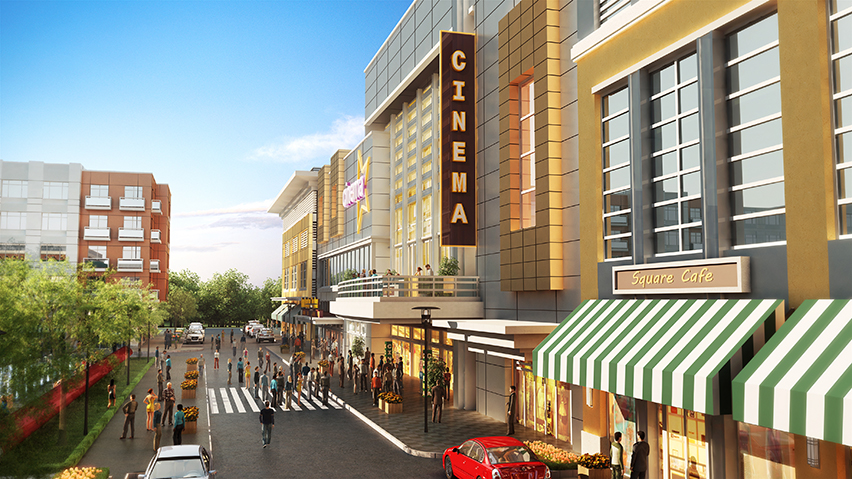 Rendering of a street with a movie theatre and a cafe