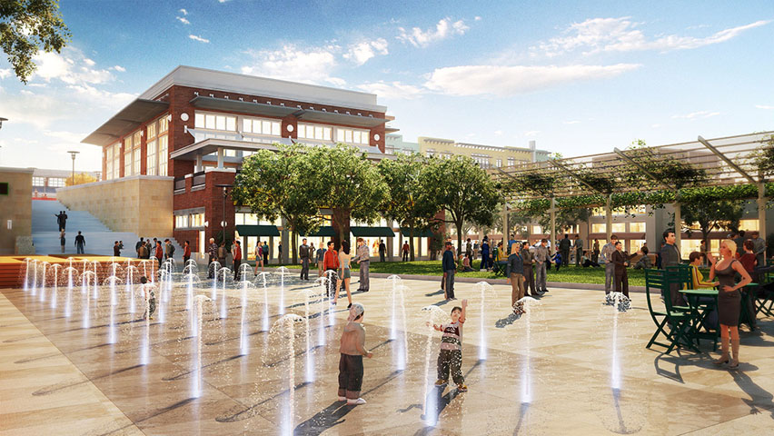 Rendering of children playing in fountains