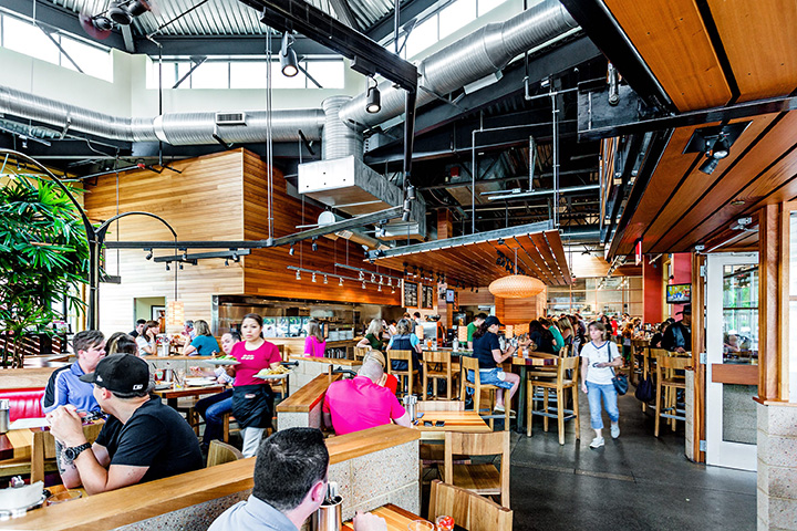 Indoor seating area in a food hall