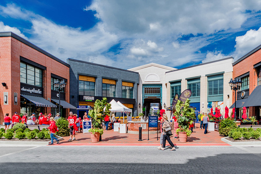 People walking in front of storefronts at Easton