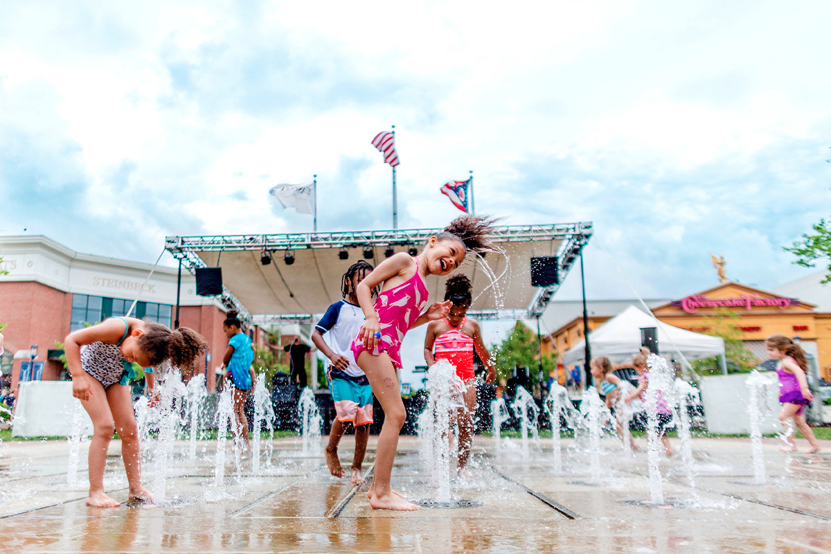 Kids playing in the fountains at Easton